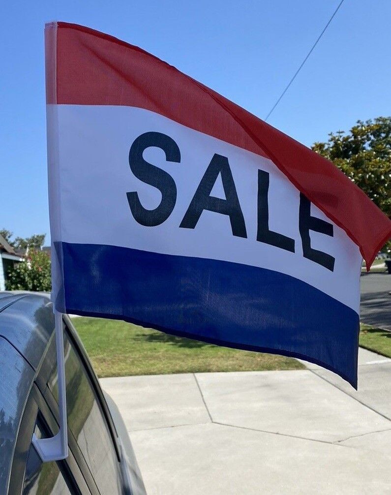 CAR DEALER SUPPLIES  12 Car Window Clip On Flag-Red/White/Blue-On Sale!