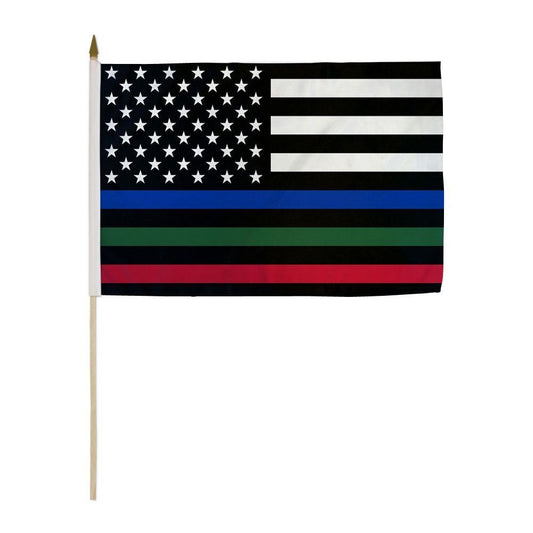 12x18 Inches Thin Blue/Green/Red Line  Stick Flag wood Staff