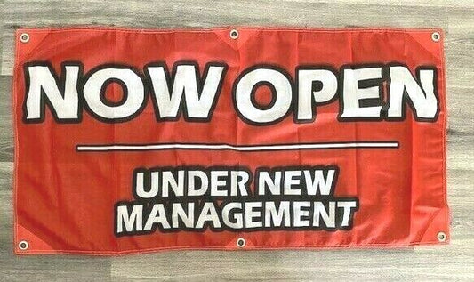 2x4 ft NOW OPEN UNDER NEW MANAGEMENT Banner Sign -Super Polyester Fabric-New Z23